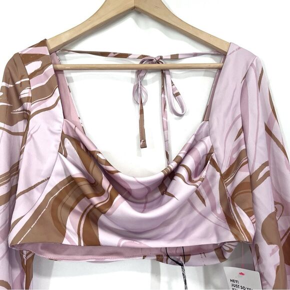 ASOS DESIGN Long Sleeve Cowl Front Pink Marble Crop Top US 6 - Picture 6 of 10